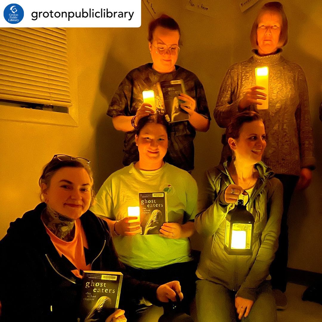 HOLY MOTHER OF GOD THIS BOOK CLUB DID WHAT 

👻🍽️👻🍽️👻🍽️• @grotonpubliclibrary Our Grim Readers Book Club met in a vacant home last night, ate mushrooms, and left our names on the wall while discussing Clay McLeod Chapman's highly addictive horror novel Ghost Eaters.