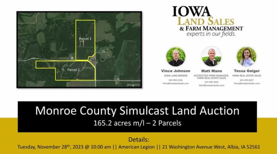 IALandSales's tweet photo. 📣165.2 acres m/l of Monroe County land for auction - online &amp; in person bidding options available!

📱Online bidding begins Nov. 21 @ 10 a.m. 
📍Live auction begins Nov. 28 @ 10 a.m.

Learn more and register/bid online > https://t.co/Y440wUyZhO https://t.co/TffzvO3mLs