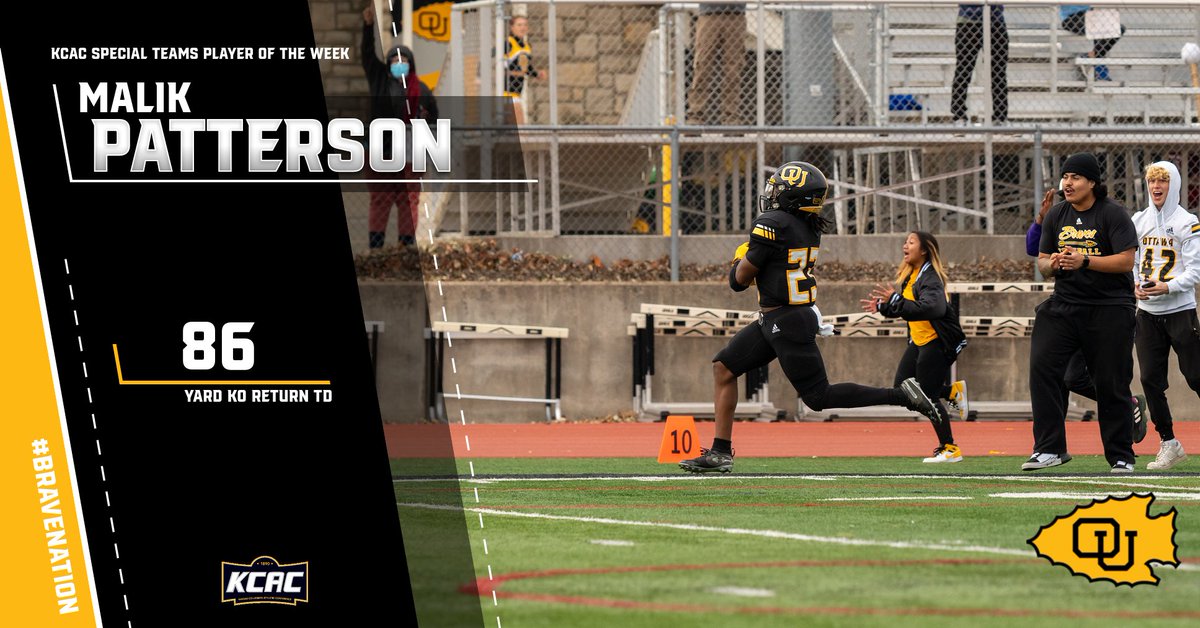 .@OttawaBravesFB @D1Likk has been named the KCAC Special Teams Player of the Week for his effort in OU's win over KWU on Saturday. Congratulations Malik! Click on the link to read the complete release: buff.ly/3SveObQ. #BraveNation