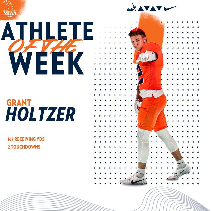 Our Grant Holtzer is the MIAA Football Offensive Athlete of the Week! 167 yards, 5 catches and 2 touchdown receptions during Saturday's 38-28 win vs. Trine. #d3fb athletics.hope.edu/news/2023/11/6…