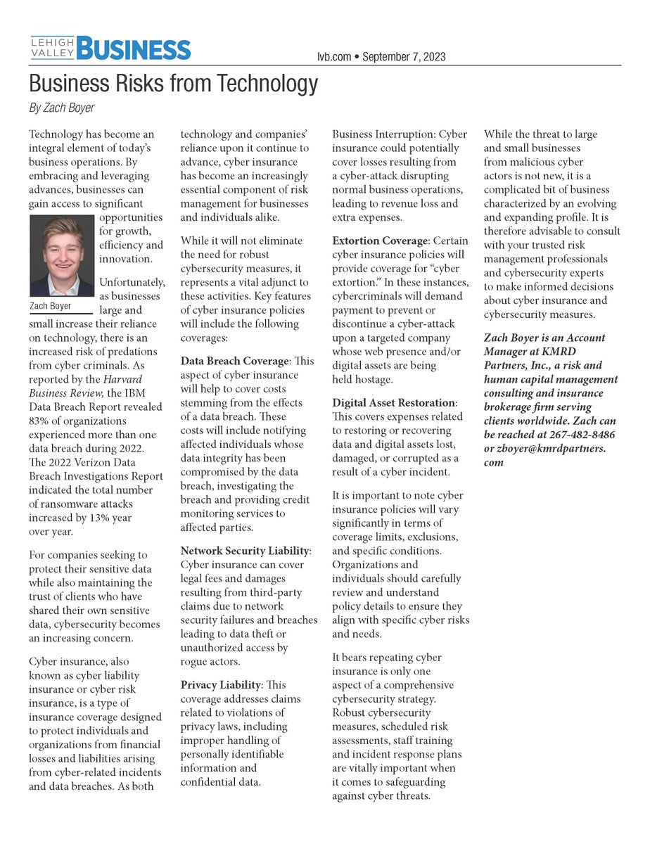 KMRDPartners's tweet photo. Zach Boyer discusses the importance of Cyber Liability Insurance as technology becomes an integral part of businesses.

https://t.co/vvphZoo9Sr https://t.co/gfhoNXL5id