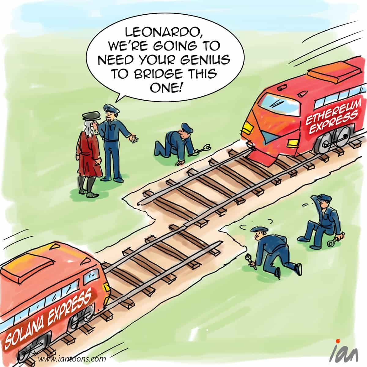 iantoons_'s tweet photo. Bridging the divide - a cartoon that illustrates the arrival of superchains, where multiple blockchain networks (e.g. Polygon, Solana) are bridged together. 
#blockchains, #blockchaintechnology, #siliconvalley https://t.co/KFJUrt0kHm