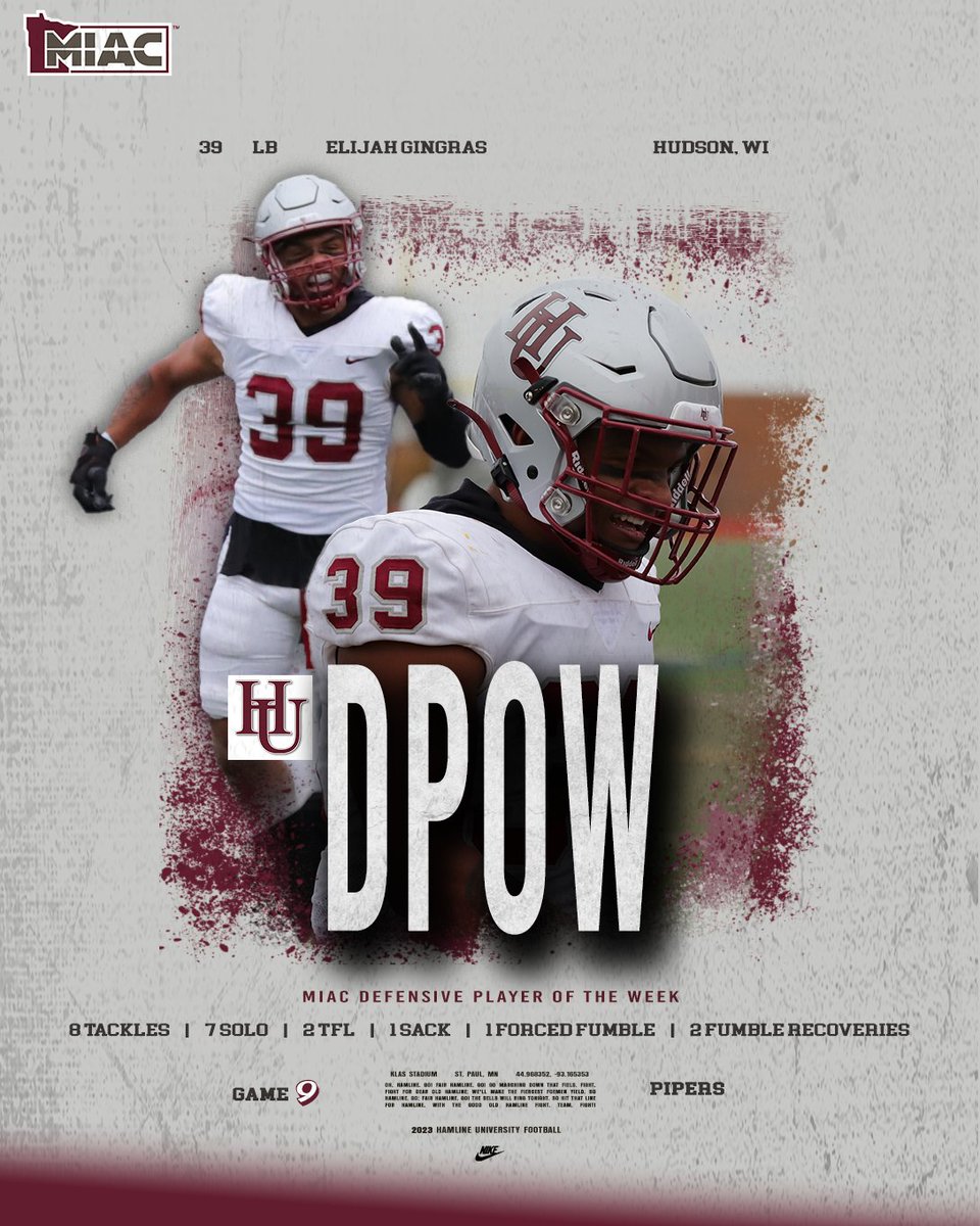 HamlineFootball's tweet image. Hunting 🦈

LB Eli Gingras went OFF on Saturday and was named @MIACathletics Defensive Player of the Week!

#DPOW - 8 Tack | 7 Solo | 2 TFL | 1 Sack | 1 FF | 2 FR 🦈

#goHU #RDP

miacathletics.com/news/2023/11/6…