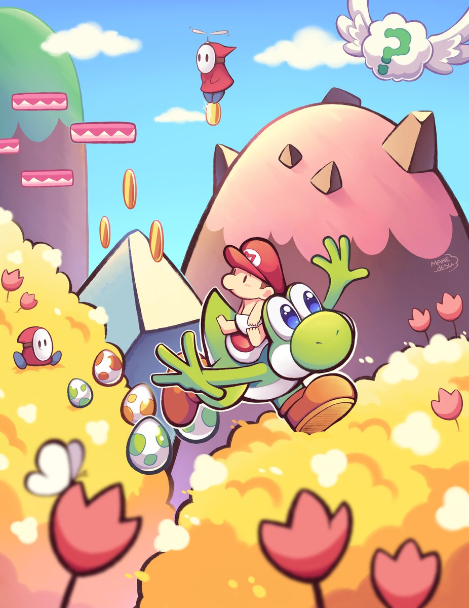 Yoshi's Island! 💖✨✨ I love it so much, its such a beautiful game 🥹🫶 and  it was so fun to color this hehe #Yoshi #yoshisisland #Mario #SuperMario  #nintendo #fanart #ManeDrawings, image size:926x1200