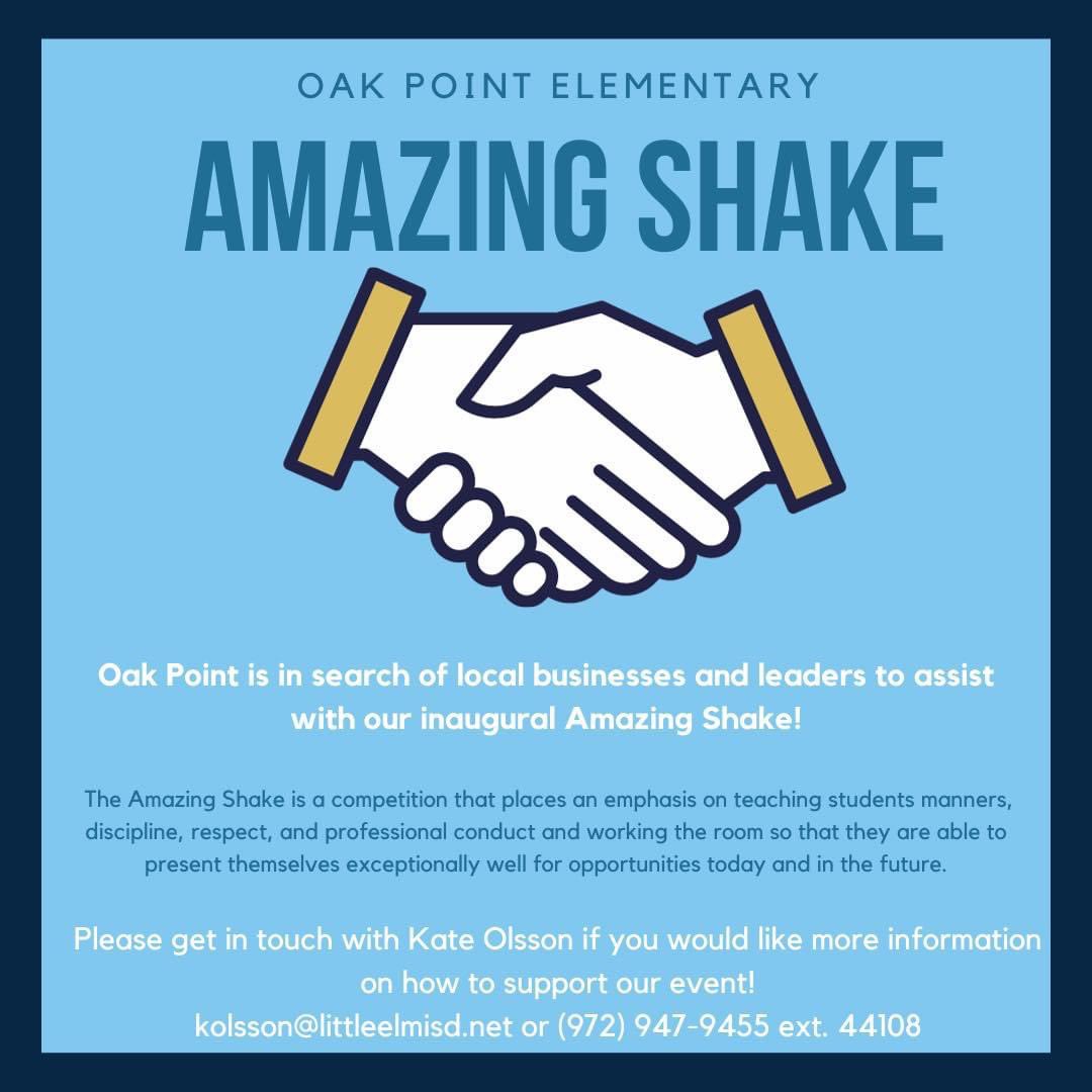 OakPoint_PTA's tweet photo. Oak Point Elementary is searching for local business and leaders to help with upcoming events! Please reach out if you are interested in helping!
kolsson@littleelmisd.net https://t.co/sD8aMQw8RS