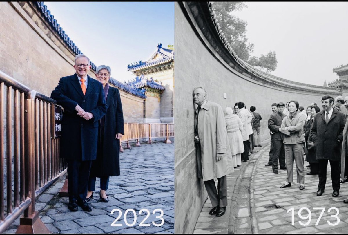 echewy's tweet photo. 🇦🇺 🇨🇳 relationship getting repaired. Parallel images taken 50 years apart. 1973 PM Gogh Whitlam visited China to establish relations and in 2023 PM @AlboMP and Foreign Minister @SenatorWong visit to repair relations. Do not need to be a pro whatever to recognise this imp. #auspol https://t.co/iujICGIW4f
