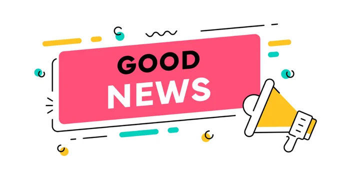 "good news" phrase placed in a pink bubble with design elements and a yellow megaphone isolated on a white background