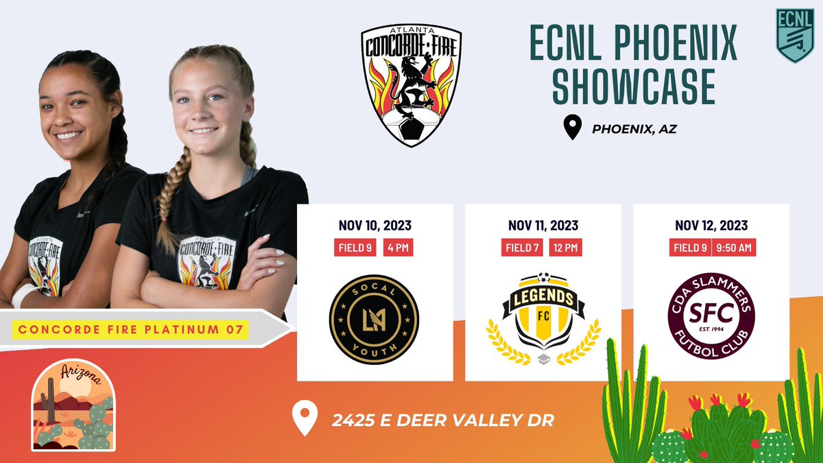 Concorde Fire Platinum ECNL 06/07 (@concorde07g) on Twitter photo It’s <a href="/ECNLgirls/">ECNL Girls</a> Phoenix week!! Below is our schedule against some of the top teams in the country. Come check us out!
<a href="/ConcordeSoccer/">Concorde Fire Soccer</a> <a href="/TopDrawerSoccer/">TopDrawerSoccer</a> <a href="/ECNLSoutheast/">ECNL Southeast Girls</a>
<a href="/ImYouthSoccer/">ECNL/GA/Recruiting/College Soccer</a>
@SoccerMomInt
<a href="/PrepSoccer/">Prep Soccer ⚽️</a> It’s <a href="/ECNLgirls/">ECNL Girls</a> Phoenix week!! Below is our schedule against some of the top teams in the country. Come check us out!
<a href="/ConcordeSoccer/">Concorde Fire Soccer</a> <a href="/TopDrawerSoccer/">TopDrawerSoccer</a> <a href="/ECNLSoutheast/">ECNL Southeast Girls</a>
<a href="/ImYouthSoccer/">ECNL/GA/Recruiting/College Soccer</a>
@SoccerMomInt
<a href="/PrepSoccer/">Prep Soccer ⚽️</a>