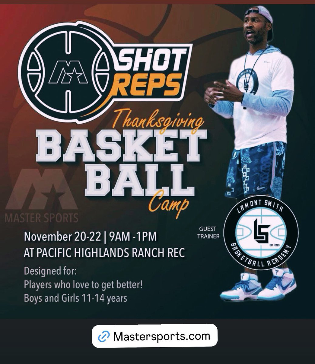 CoachMontySmith's tweet photo. 🏀Counting down the days until the Master Sports Thanksgiving Basketball Camp hosted by Lamont Smith of LSBA 

⏳Just 2️⃣weeks until camp!
Who's ready to hit the court? 🙌  #LSBA #MasterShots

REGISTER NOW ➡️ https://t.co/z7Jz7jbPCi

🗓️ November 20-22
⏰ 9am- 1pm
#RepsDoneRight https://t.co/jlqlke79Ku