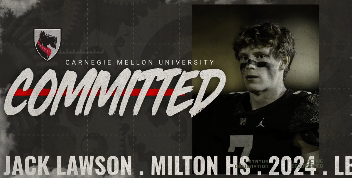 Jack Lawson (@jack_lawson07) on Twitter photo Honored and excited to pursue my academic and athletic career at Carnegie Mellon University. Super thankful to God, my coaches, and my family. Roll Tarts!
<a href="/MiltonEagles_FB/">Milton High School Football</a> <a href="/CoachBenReaves/">Ben Reaves Jr.</a> <a href="/CoachRyanLarsen/">Ryan Larsen</a> <a href="/Coach_Kay19/">K. K. Rountree🇹🇹</a> Honored and excited to pursue my academic and athletic career at Carnegie Mellon University. Super thankful to God, my coaches, and my family. Roll Tarts!
<a href="/MiltonEagles_FB/">Milton High School Football</a> <a href="/CoachBenReaves/">Ben Reaves Jr.</a> <a href="/CoachRyanLarsen/">Ryan Larsen</a> <a href="/Coach_Kay19/">K. K. Rountree🇹🇹</a>
