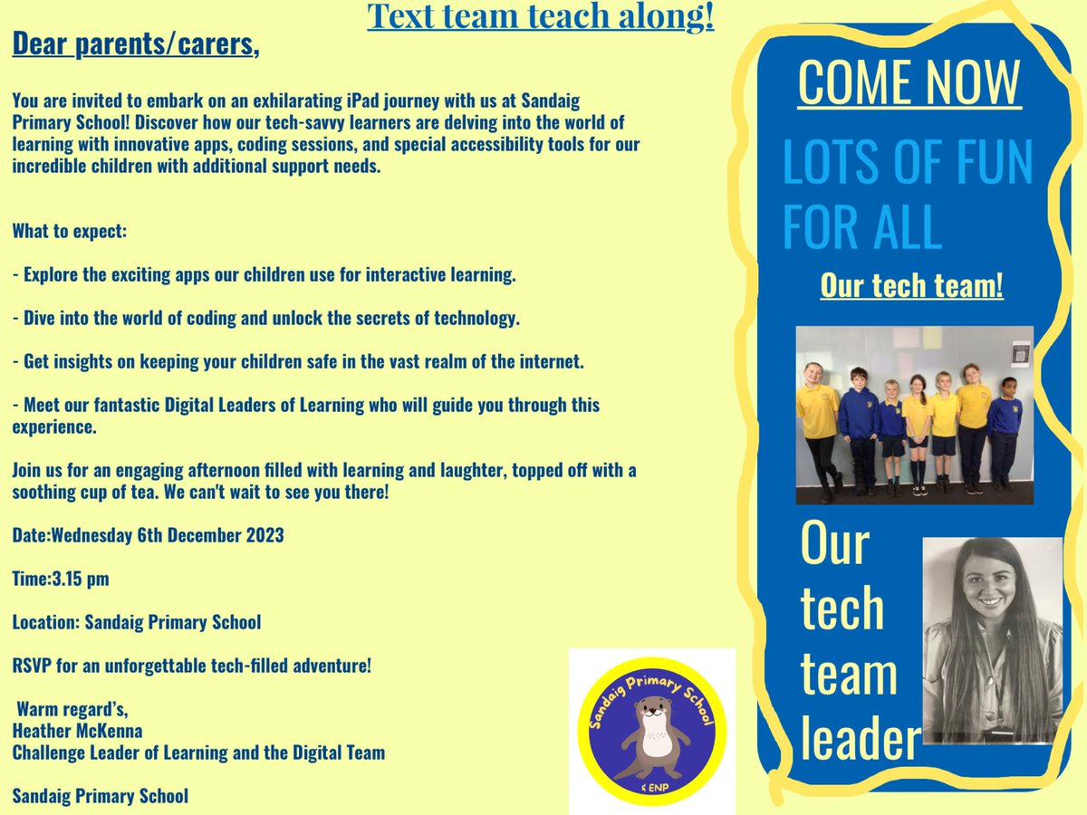 sandaigprimary's tweet photo. Excited to announce our Tech Team’s upcoming event on Dec 6th at 3:15 pm! Join us as we unveil our latest projects and empower parents with a glimpse into our cutting-edge skills. Don't miss this opportunity to witness the magic behind the scenes! #TechPros #ParentEngagement https://t.co/hyXWomKWtM