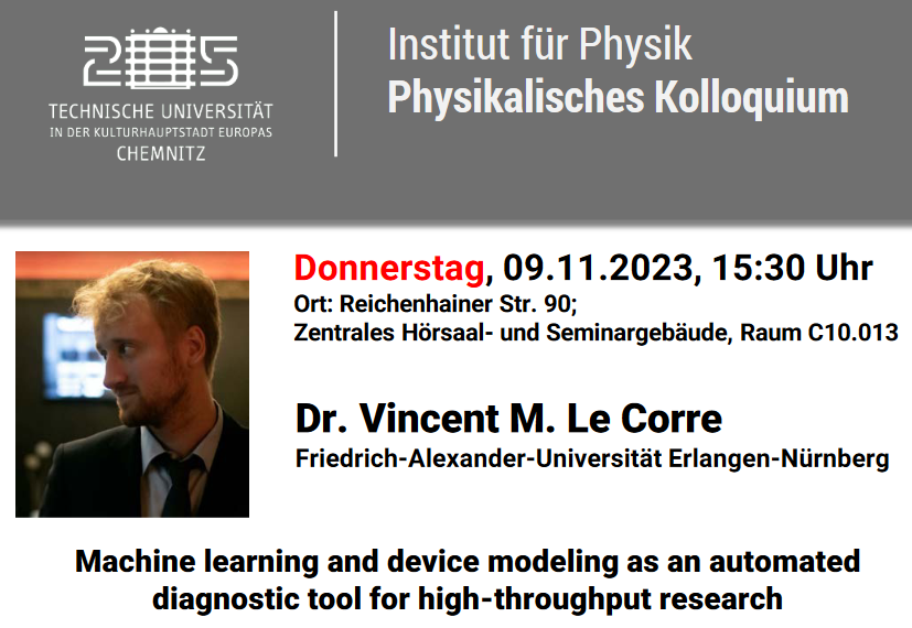 Simon Kahmann (@skahmn) on Twitter photo It is Monday and I am really looking forward to this week's physics colloquium <a href="/TUChemnitz/">TU Chemnitz</a>. Exciting topic and a great speaker - <a href="/VMLC_PV/">Vincent M. Le Corre</a>!
More info here: tu-chemnitz.de/physik/upload/… It is Monday and I am really looking forward to this week's physics colloquium <a href="/TUChemnitz/">TU Chemnitz</a>. Exciting topic and a great speaker - <a href="/VMLC_PV/">Vincent M. Le Corre</a>!
More info here: tu-chemnitz.de/physik/upload/…