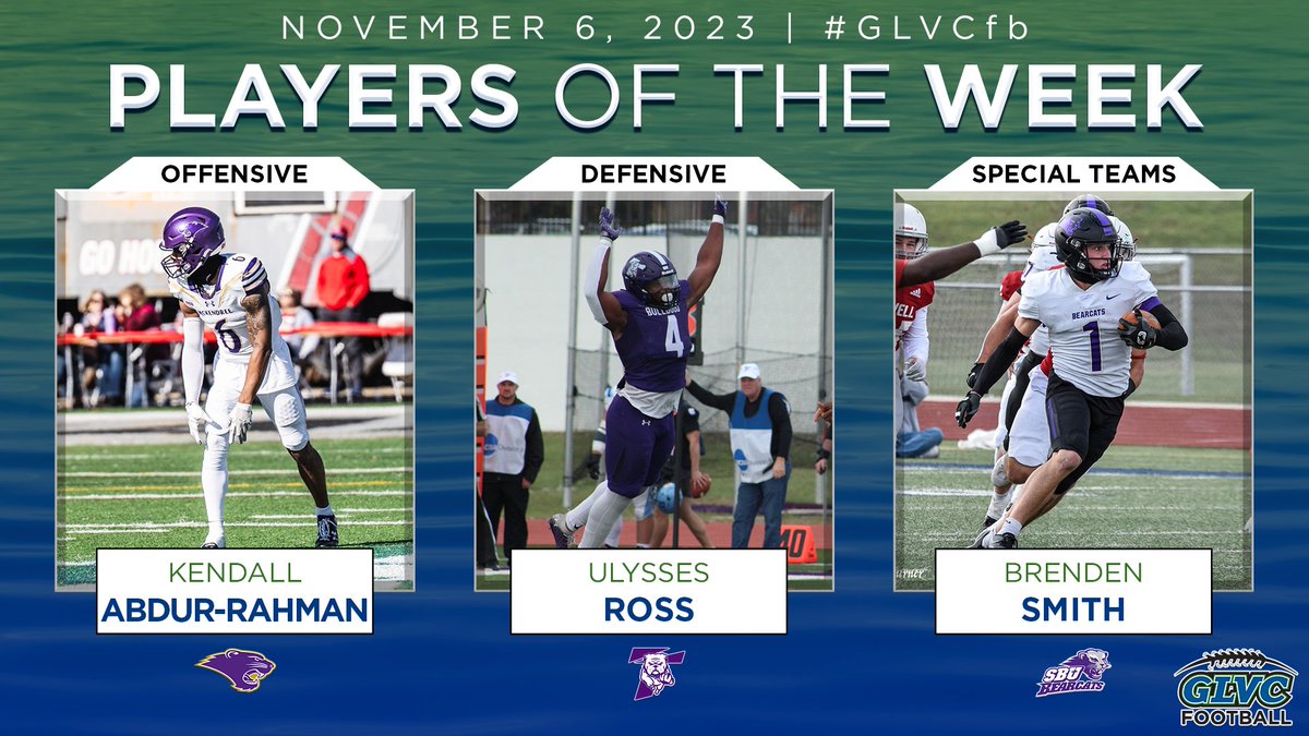 Great Lakes Valley Conference (@glvcsports) on Twitter photo 🏈 #GLVCfb WEEKLY AWARDS
OFFENSIVE: Kendall Abdur-Rahman | WR | <a href="/McKBearcats/">McKendree Bearcats</a>
DEFENSIVE: Ulysses Ross | LB | <a href="/TrumanAthletics/">Truman Athletics</a>
SPECIAL TEAMS: Brenden Smith | DB | <a href="/sbubearcats/">SBU Bearcat Athletics</a>
🔗 GLVCsports.com/POTWfb 🏈 #GLVCfb WEEKLY AWARDS
OFFENSIVE: Kendall Abdur-Rahman | WR | <a href="/McKBearcats/">McKendree Bearcats</a>
DEFENSIVE: Ulysses Ross | LB | <a href="/TrumanAthletics/">Truman Athletics</a>
SPECIAL TEAMS: Brenden Smith | DB | <a href="/sbubearcats/">SBU Bearcat Athletics</a>
🔗 GLVCsports.com/POTWfb