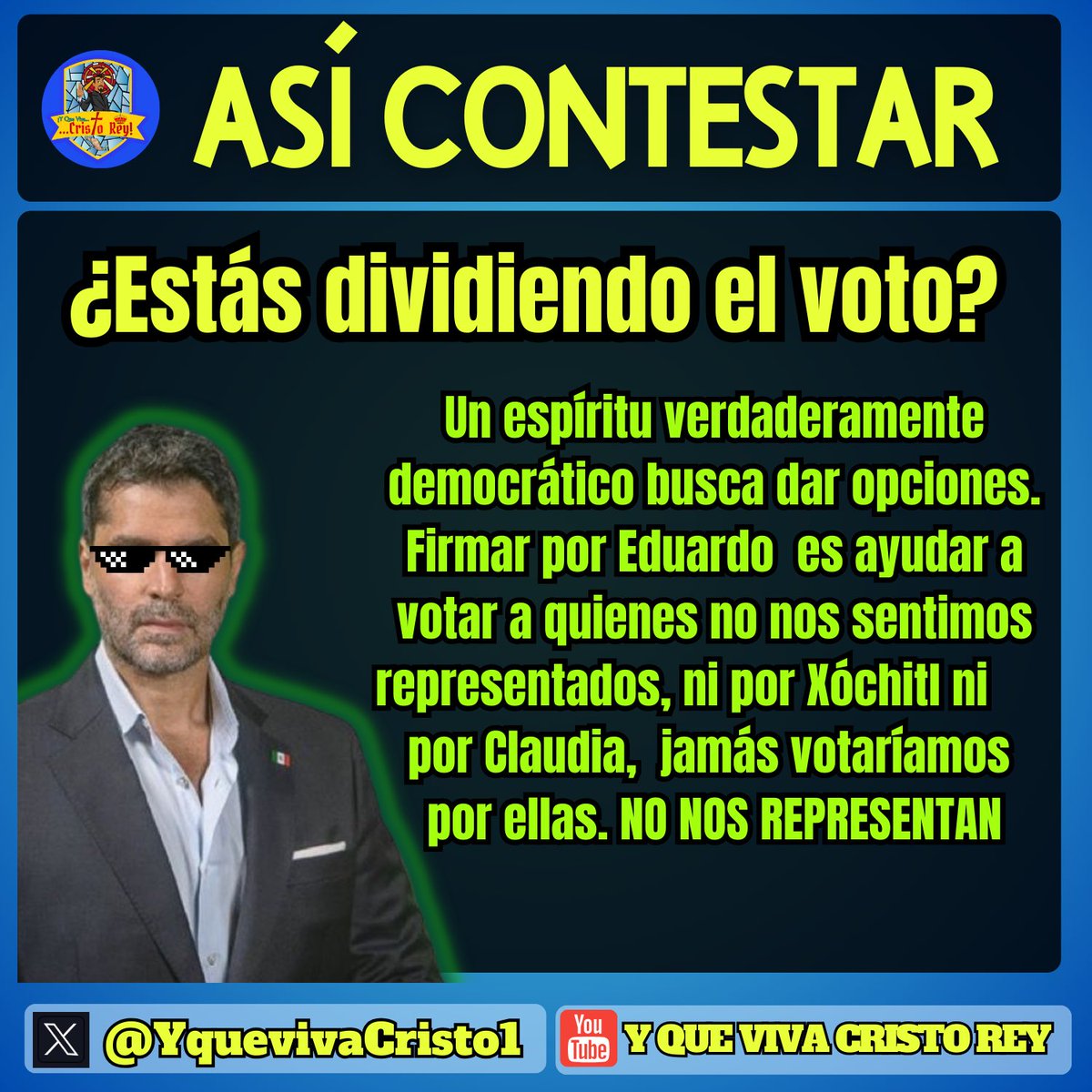 😎 ASÍ CONTESTAR 

⁉️ ¿Estás dividiendo el voto?

✅ Un espíritu verdaderamente democrático busca dar opciones. Firmar por Eduardo  es ayudar a votar a quienes no nos sentimos representados, ni por Xóchitl ni      por Claudia,  jamás votaríamos por ellas. NO NOS REPRESENTAN