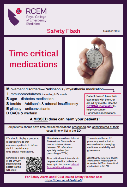 🚨NEW #SAFETYFLASH🚨Time Critical Medication (TCM): The Safer Care Committee has highlighted that a MISSED dose can harm your patients. 

Credit to <a href="/UKCPA/">UKCPA</a> for poster production - available at: tinyurl.com/TCMSafetyFlash 

For more ℹ️ rcem.ac.uk/safety-3/