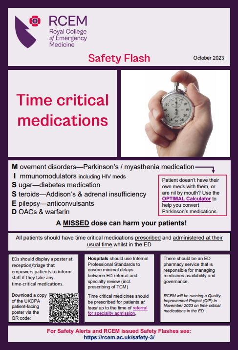 🚨NEW #SAFETYFLASH🚨Time Critical Medication (TCM): The Safer Care Committee has highlighted that a MISSED dose can harm your patients. Credit to @UKCPA for poster production - available at: tinyurl.com/TCMSafetyFlash For more ℹ️ rcem.ac.uk/safety-3/