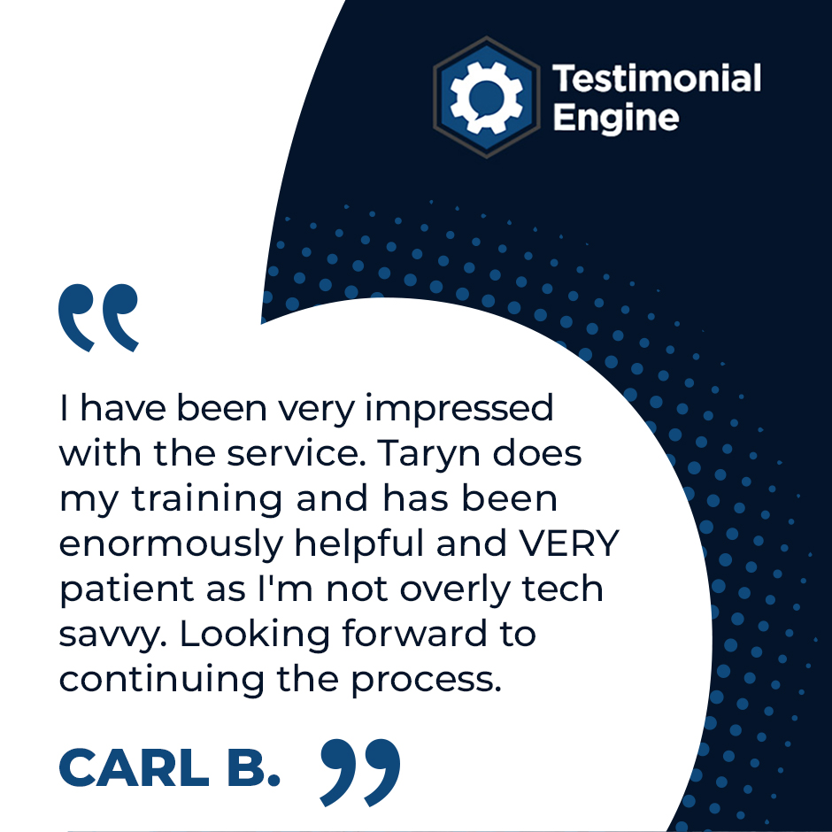 TestimonialEngi's tweet photo. "I have been very impressed with the service. Taryn does my training and has been enormously helpful and VERY patient as i' m not overly tech savvy. Looking forward to continuing the process." - CARL B.
#testimonialengine #reviews #dorenaldana #reviewsoftware #googlereviews https://t.co/F9XQW3G0AI