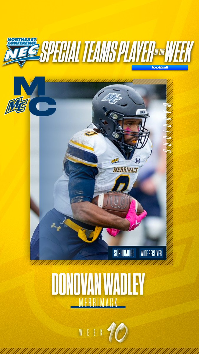NECFootball's tweet image. 🏅 Official #NECFB Special Teams Player of the Week 🏅

👉 Donovan Wadley, @MC_Athletics

📓 Wadley racked up a slew kick return yards in a non-conference game at UMass. He amassed 188 kick return yards — the most by an NEC returner in 2023 — including a 95-yard return to the 🏠.