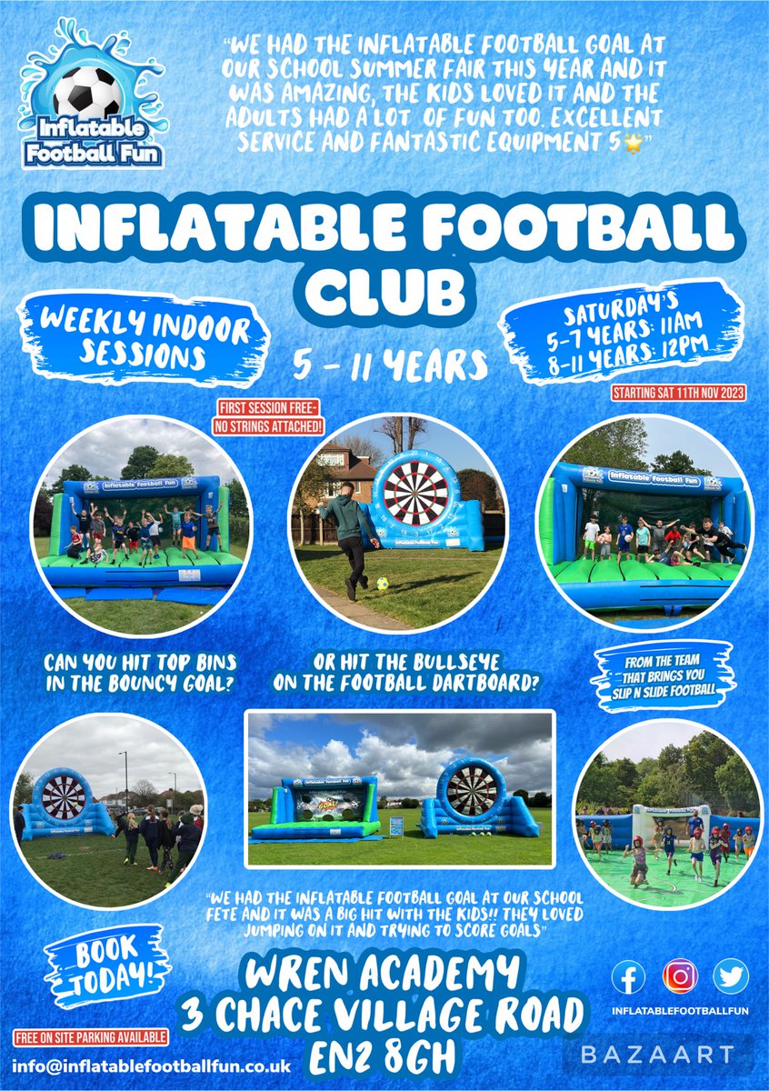 STARTING THIS SATURDAY 11th NOVEMBER…. BOOK YOUR FREE PLACE TODAY-  NO STRINGS ATTACHED! 🎯⚽️🥅

INFLATABLE FOOTBALL FUN: Making Dreams Come True! 🤩
