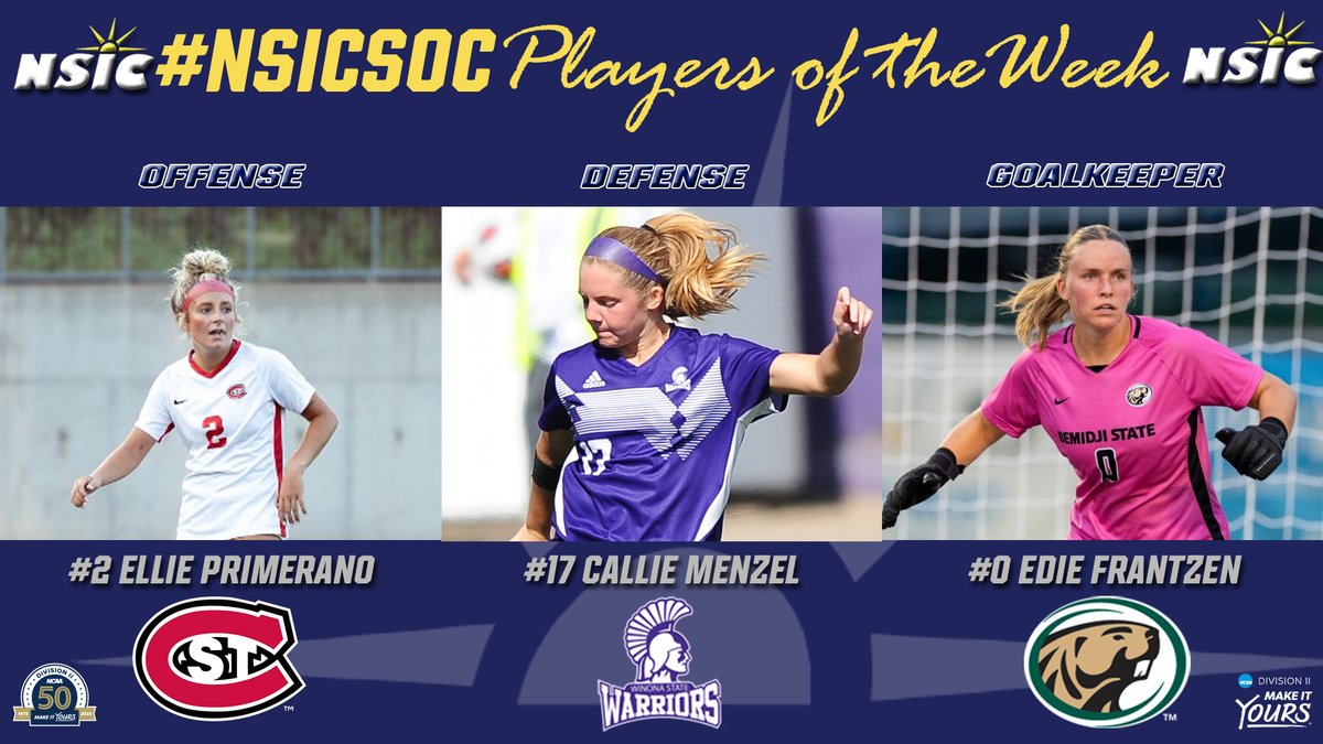 #NSICSoc Release No. 10 
#NSICPOW
O: #2 Ellie Primerano - St. Cloud State
D: #17 Callie Menzel - Winona State
GK: #0 Edie Frantzen - Bemidji State

Full Release at: northernsun.org/news/2023/11/6…