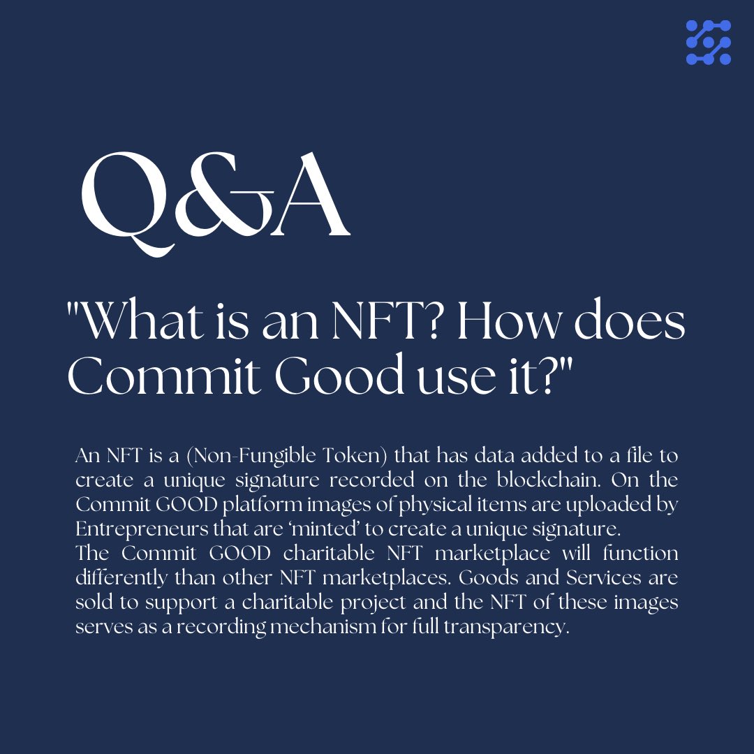 commitgdoffical's tweet image. You ask, we answer! 
Here is some more information about NFTs and how our platform uses them! 

Leave any other comments or questions below! 
#Crypto #NFT #CommitGood