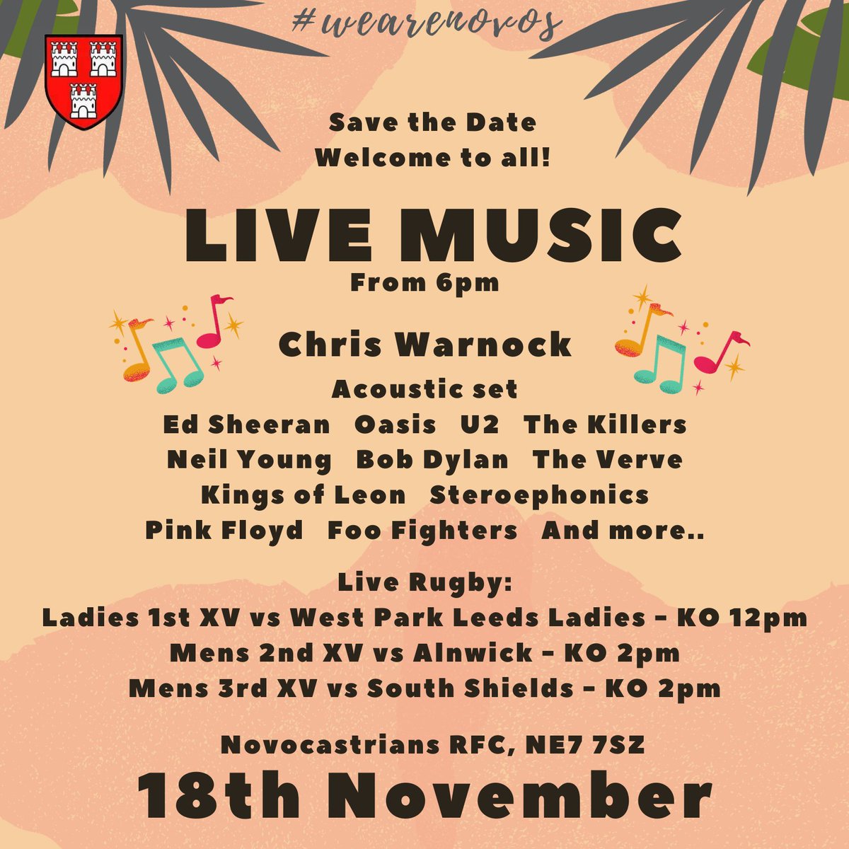 🔴⚪️⚫️SOCIAL DATE⚫️⚪️🔴

On 18 November, we have a fantastic club day for you! Come down to Novocastrians at Sutherland Park for a full day of rugby with Live music in the evening from 6pm!

No tickets are necessary, more the merrier - bring your friends and family!

#wearenovos