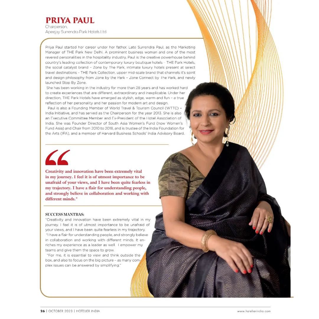 RajnishNs's tweet photo. It is a moment of pride, our chairperson,Ms Priya Paul’s  leadership has been featured in Hoteliers India  latest issue of India’s Hospitality Icons &amp; Unravelling their success mantras.

Her journey that serves as an inspiration for us.
#Hospitality #womenpower #Theparkhotels https://t.co/na4CcLvmVz