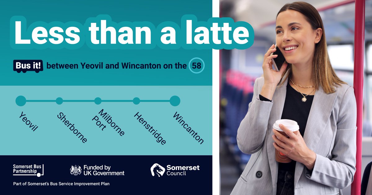 TravelSomerset's tweet photo. A single bus fare costs only £2 - that’s less than a latte! ☕

Some bus routes are at risk. So why not make the most of the £2 fare, leave your car at home and help the 58 out!

#BusIt #LessThanALatte https://t.co/S1NkEettjB
