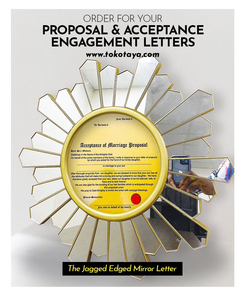 Let us add beauty to your day! 
Engagement letter now Available. 

More frames are available in the store. 
To order, click link in bio
.
.
#TKTY 
#Alaga
#TokoTaya
#LoveStory  
#Weddings
#AlagaInLagos
#proposalletter 
#acceptanceletter
#YorubaWeddings 
#WeddingServices