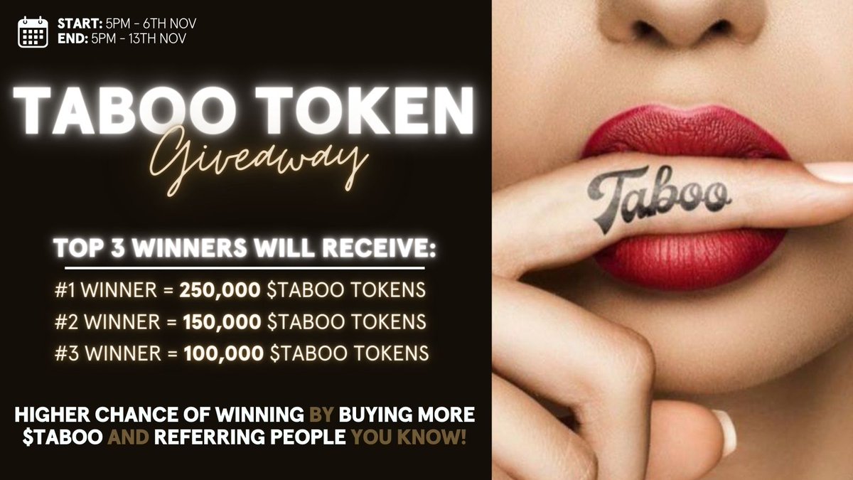 taboo_io's tweet photo. 🏆 $TABOO TOKEN GIVEAWAY 🏆

We are pleased to announce a $TABOO Token Giveaway to our loyal and dedicated community of HODLERS 🏆

This is to commemorate our recent news around the recent listing on yet another exchange and the confirmation of an even bigger one on the way, let alone the upcoming marketplace launch! 🥂

We have released a contest for our TABOOLIGANS giving you a chance to win valuable $TABOO Tokens as a gesture for how much this community means to us.

This past week we have achieved over a 2.5X growth which has seen us trending on ALL of the major crypto sites around the world! 🌎

This competition gives you and your friends the chance to win up to 250,000 $TABOO Tokens 🎉

Simply by referring your friends, buying more tokens, and following our socials pages will give you entries to win 🥇

💰 A total of 500,000 $TABOO tokens will be given away to 3 LUCKY WINNERS! 💰

Entries close 17:00 UTC on November 13th.

To learn more about the Contest details and to submit your entries, please view the Gleam Contest link below:

https://t.co/Jj8e9Hoqfv

#TABOOTOKEN
#listing 
#Crypto 
#Competition