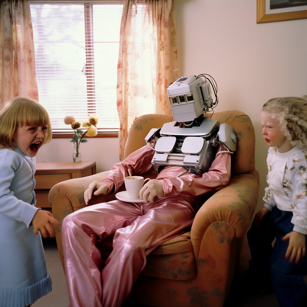 fatbits's tweet photo. After picking her two angels up from school, Sheryl Semicolon enjoys a cup of coffee with her audio co-processor turned down. She often forgets to turn it up again until after she drops the girls off at school the next AM. #Midjourney #AIPhotography #AIArtwork  #HumansAndRobots https://t.co/BUB59W1a8u