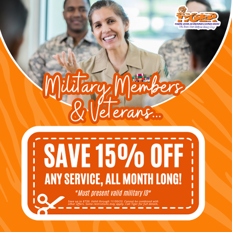 Trust_Tiger's tweet photo. It's the final days to save 15% off on heating, plumbing, and electrical services with your Military ID. Your dedication inspires us, and we're here to help you keep your home cozy and safe! Call us today at (877) 844-3701 or book online: https://t.co/doUbgkZUkG. https://t.co/xwKDAPIGTS