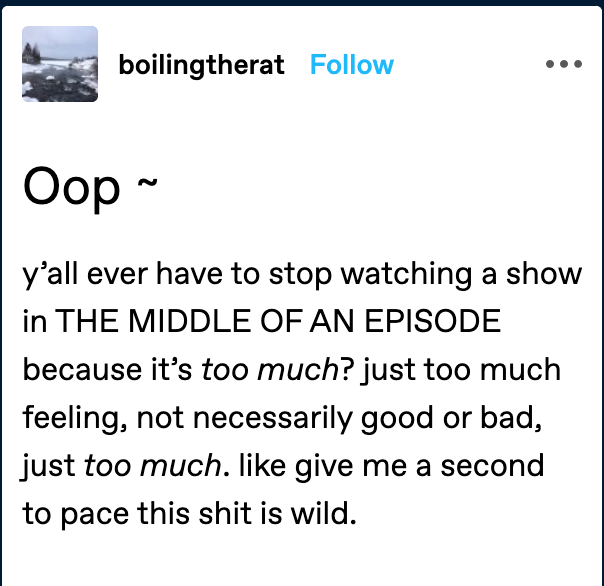 neurodiverging's tweet photo. Oop~ 
Y'all ever have to stop watching a show IN THE MIDDLE OF AN EPISODE because it's too much? just too much feeling, not necessarily good or bad, just too much. like give me a second to pace this shit is wild

#Neurodivergent #adhd #autism https://t.co/ltH2vRaIbT