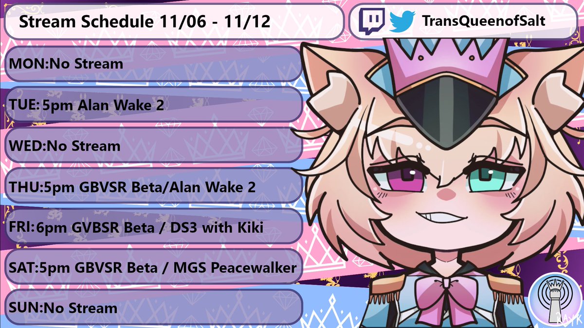 Schedule for the week of 11/06 - 11/12

Gonna try really hard to finish Alan Wake 2, as well as host some GBVSR open beta lobbies!

Then finally on friday gonna try something new, stream some more GBVS rising then start me and <a href="/KikiSenchou/">KiKi Senchou 🏳️‍⚧️🔞(Weh Queen)</a>  Dark Souls 3 playthrough!