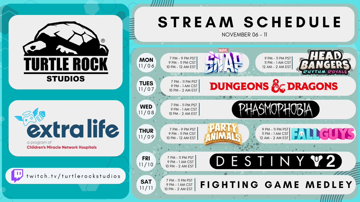 Starting today, we are participating in an extra life week of gaming for charity! Check out the graphic below for more details!

twitch.tv/turtlerockstud…
#TRSdevlife #extralife