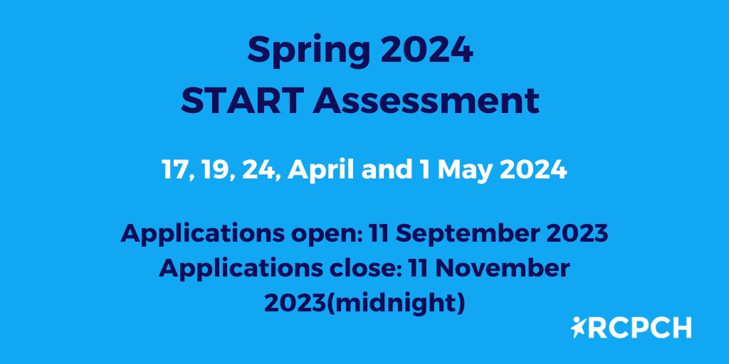 RCPCH Trainees (@rcpch_trainees) on Twitter photo Last few days left before applications to the Spring 2024 START Assessment close! If you haven't applied already, please do so before they close at midnight on 11th November to avoid disappointment. More details here - ow.ly/47iv50Q4FFy Last few days left before applications to the Spring 2024 START Assessment close! If you haven't applied already, please do so before they close at midnight on 11th November to avoid disappointment. More details here - ow.ly/47iv50Q4FFy