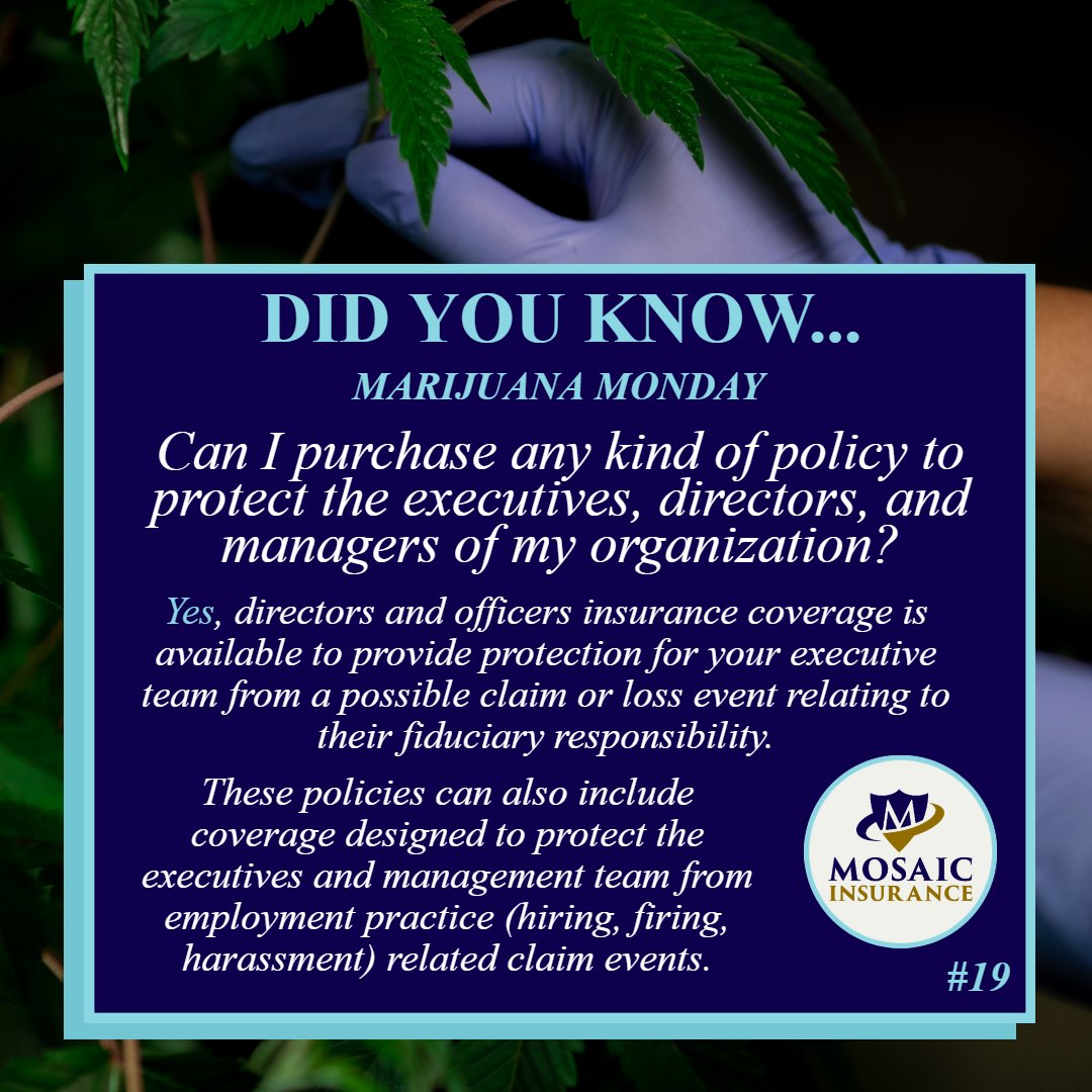 Ready to learn more about how #MosaicIA can help you? Get your very own #cannabis insurance agent by calling 425-320-4280 or emailing cannabis@mosaicia.com .

#marijuanamonday #didyouknow #didyouknowmonday #cannabiscommunity #cannabissociety #weedstagram #weed #pot #marijuana