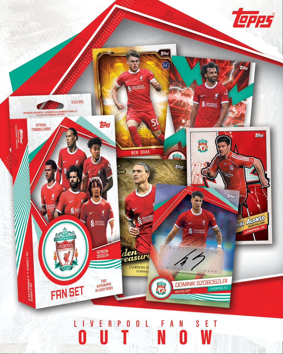 Topps_UK's tweet photo. The NEW 2️⃣0️⃣2️⃣3️⃣ / 2️⃣4️⃣ Topps Liverpool Fan Set is AVAILABLE NOW! 🙌
Boasting a whopping 2️⃣8️⃣ stunning cards, featuring 2️⃣ Parallels 🪩🪩.
✍️ Autographs in lucky boxes! 🤞
🔗 https://t.co/tu0xyNn6hT
#Topps #FanSet #Liverpool #FootballCards https://t.co/Ynrxk6FIsg