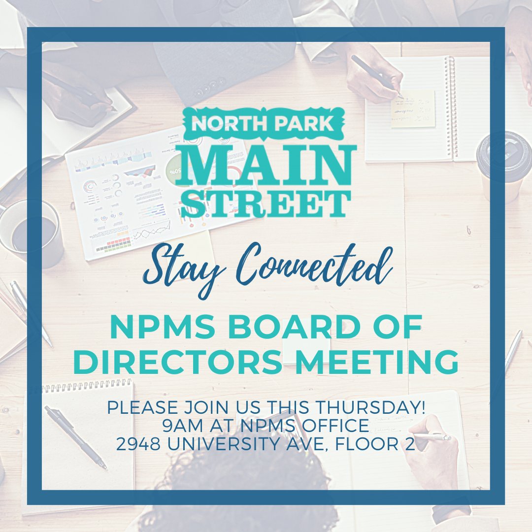 Please join us for our Board of Directors Meeting this  Thursday 9 am at the North Park Main Street offices.

📍: 2948 University Ave, Floor 2,

You can find the agenda here: 
northparkmainstreet.com/organization/c…
