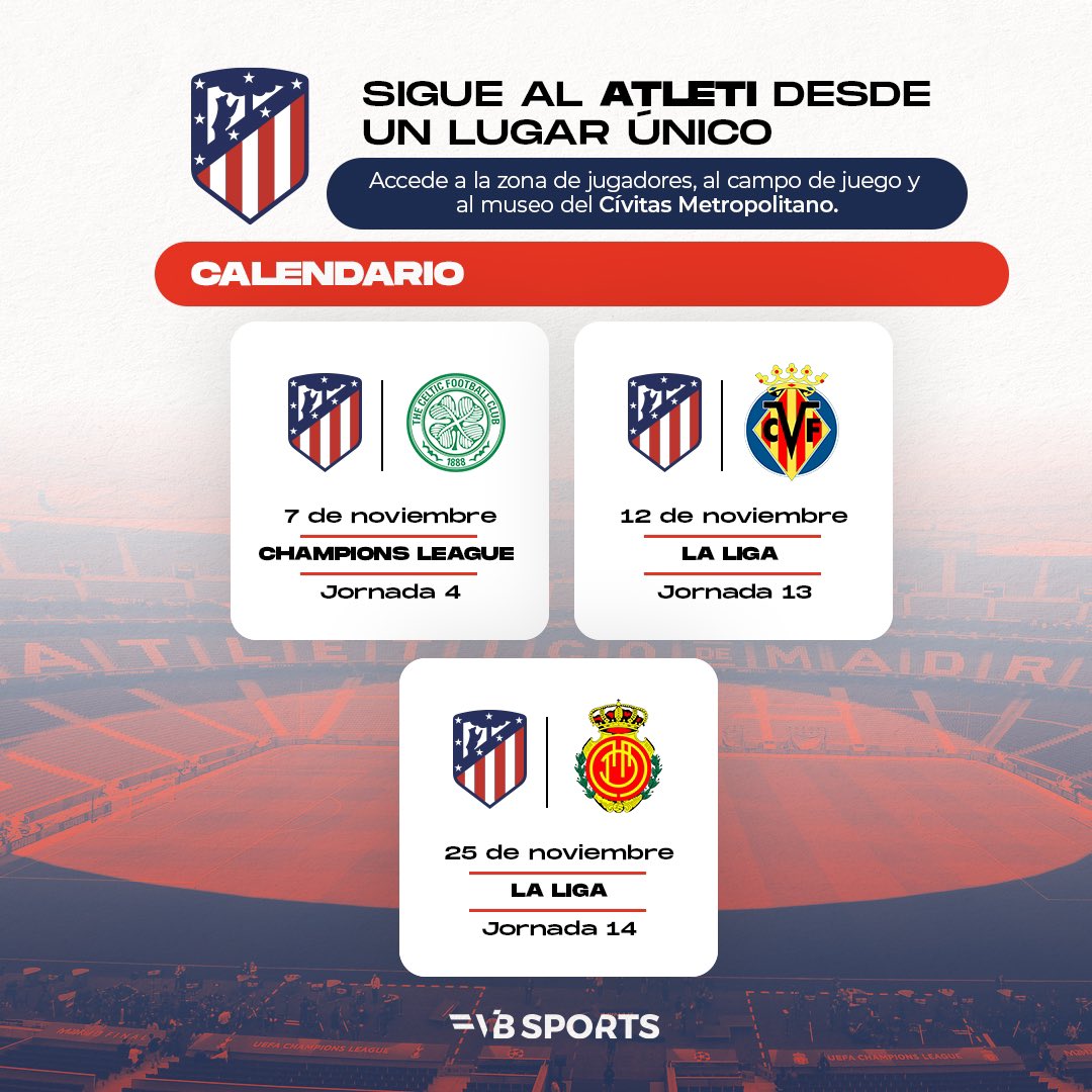 ¡Estos son los partidos de local del Atlético de Madrid durante noviembre!

Accede a un lugar exclusivo donde podrás ver de cerca a los futbolistas y tendrás una acreditación personalizada que te permitirá hasta ingresar al campo de juego.

vbsports.es