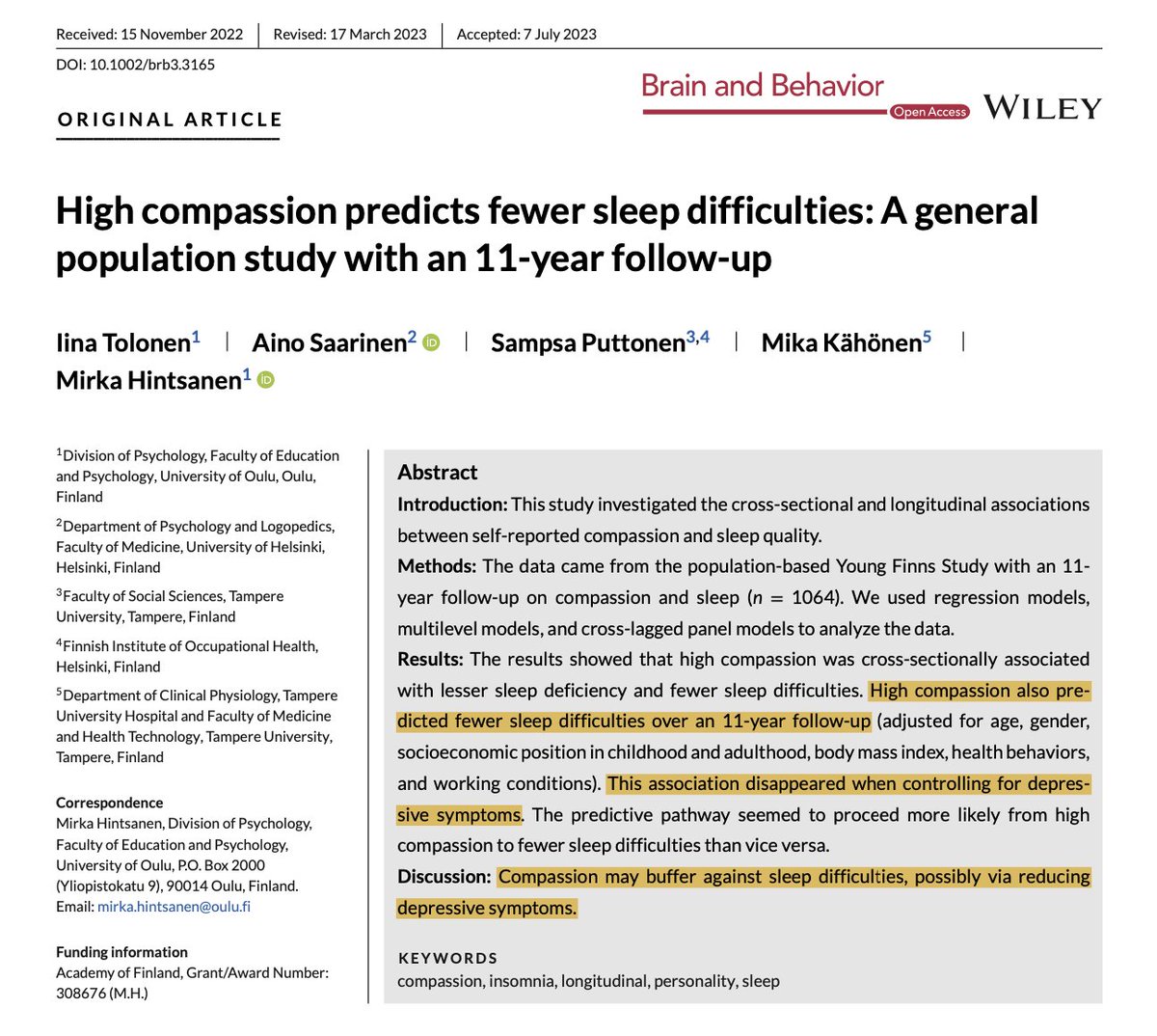 Sian Allen (@drsianallen) on Twitter photo Be a good human... it might help you sleep better!
Here, having high levels of compassion predicted better sleep quality over an 11-year follow-up period in n=~1000 people 👇 Be a good human... it might help you sleep better!
Here, having high levels of compassion predicted better sleep quality over an 11-year follow-up period in n=~1000 people 👇