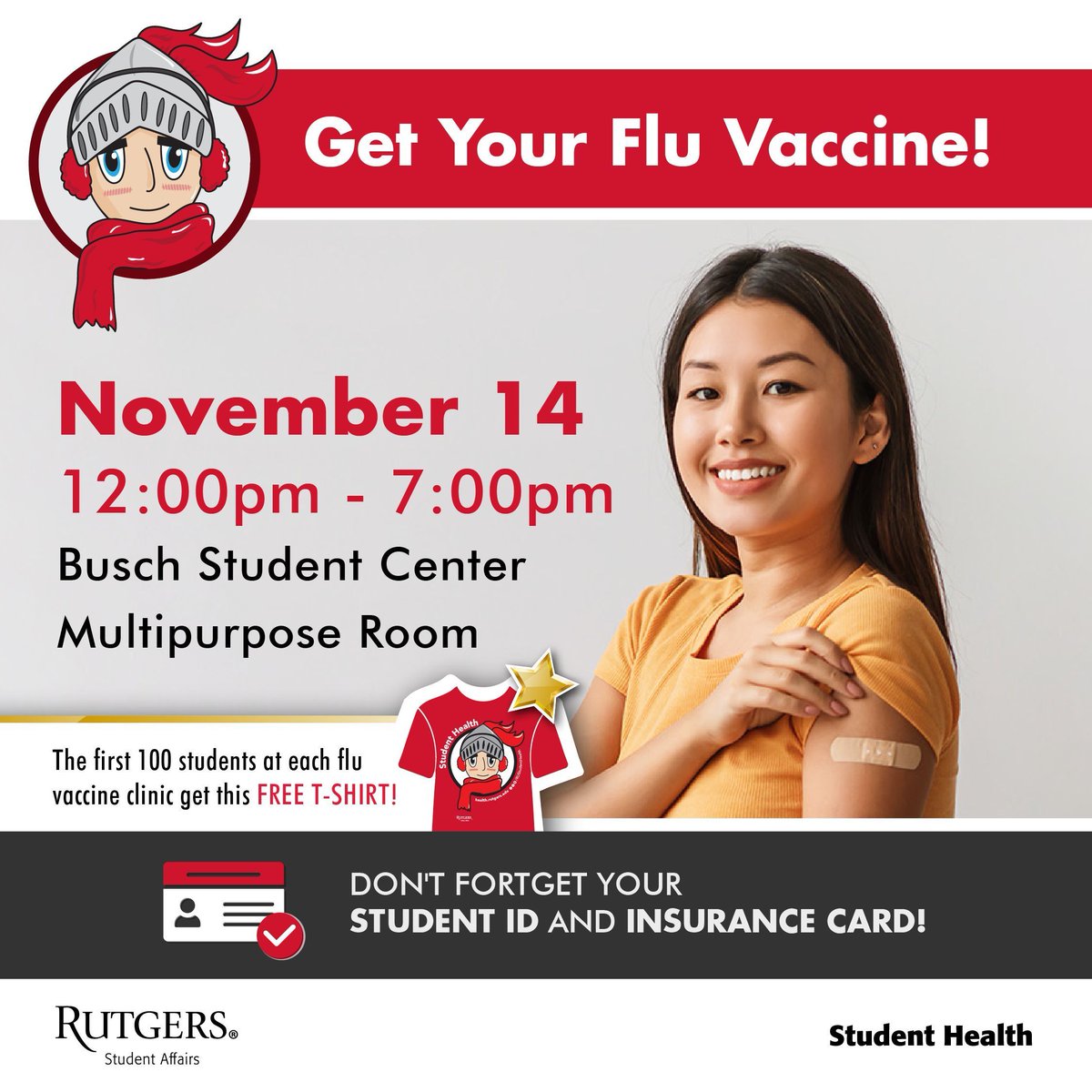 RUStudentHealth's tweet photo. Mark your calendars! On Nov 14th, visit the Busch Student Center for our flu vaccine clinic. Shield yourself and the community from the flu season ahead. #RUWell https://t.co/MeJhjlWbOi