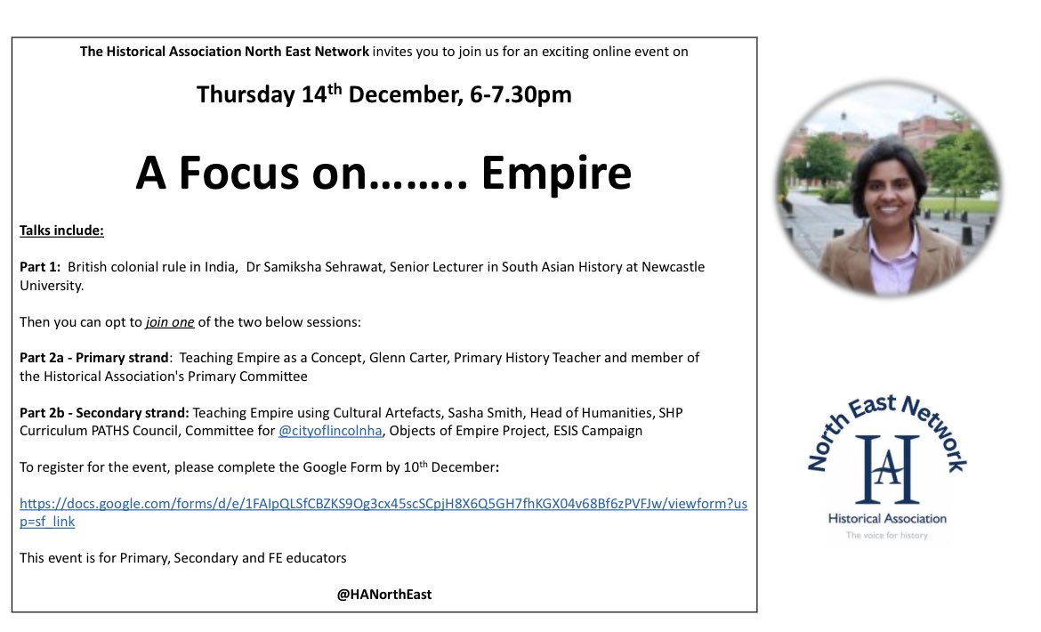 🚨Date for your diary!🚨

The next online event is:

A focus on…. Empire.
14.12.23 6-7.30pm

Sign up to hear talks from Dr Sehrawat, Glenn Carter and <a href="/SashaL_Smith/">Sasha Smith</a> !

Book here: docs.google.com/forms/d/17uXTz…

<a href="/lamb_heart_tea/">LambHeartTea (she/her)</a> <a href="/History_MrC/">Matthew Calderwood</a> <a href="/bones_carmel/">Carmel Bones</a> @USA_HistandPol @MsQuinnHistory