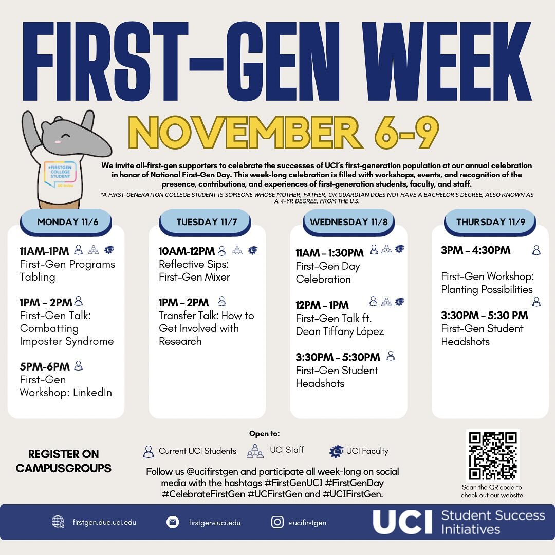 UCIAdmissions's tweet image. First-Gen Week is here! Did you know that nearly half of our student body identifies as first-gen? We have also been the #1 choice for apps from California first-gen students for the last 5 years.

Visit firstgen.due.uci.edu. #FirstGenUCI #FirstGenDay #UCFirstGen #UCIFirstGen