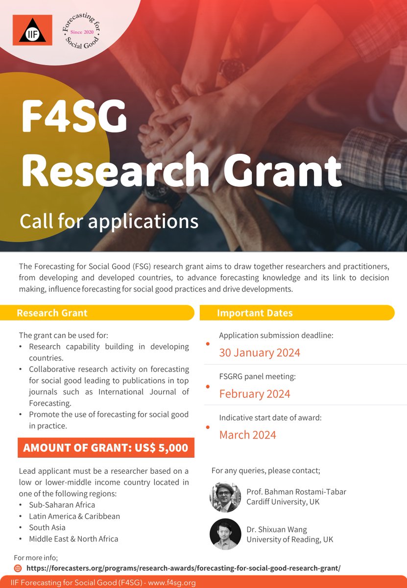 FSG_forecast's tweet image. Forecasting for Social Good Research Grant!
Ready to make a positive impact?
Download application & guidelines: lnkd.in/gYmjJn7N
📅 Deadline: Jan 30, 2024
Questions? Contact @Bahman_R_T or  Dr Shixuan Wang
#F4SGResearchGrant #F4SG #Research 🌍🌟
