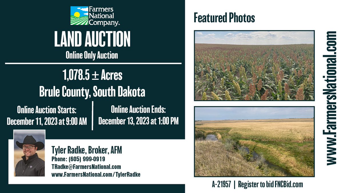 FarmersNational's tweet photo. Land Auction!
Online-only auction.
1,078.5 acres in Brule County, #SouthDakota.

Sold in SIX individual tracts! Cropland, pasture, and combination parcels. Well-kept acreage with nice outbuildings. This one has something for everyone!

🔗: https://t.co/YRIwvHJOWv https://t.co/Yc31UYQGXI