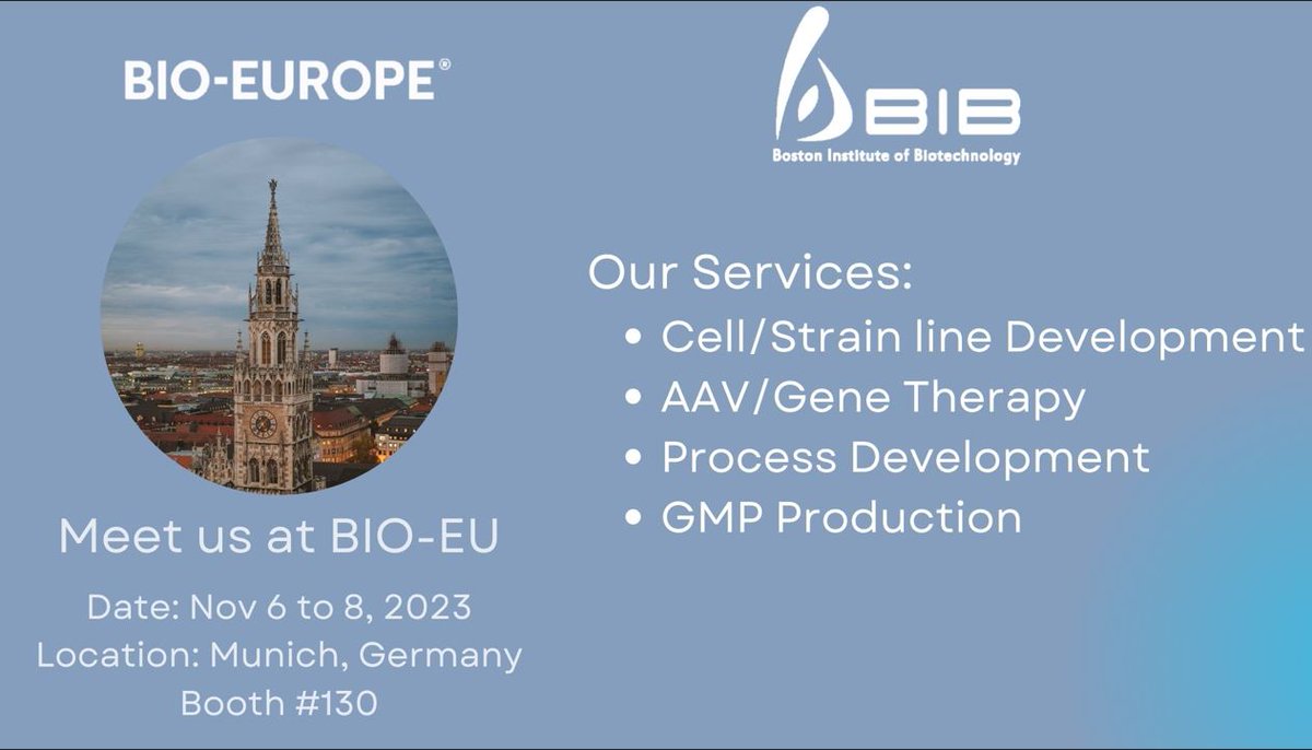 bostonbib's tweet photo. We are excited to meet everyone this week at #BIOEurope come visit us to learn more about our CDMO services at Booth #130 #biotech #munich #cellgenetherapy https://t.co/ZiM4zOLwqC
