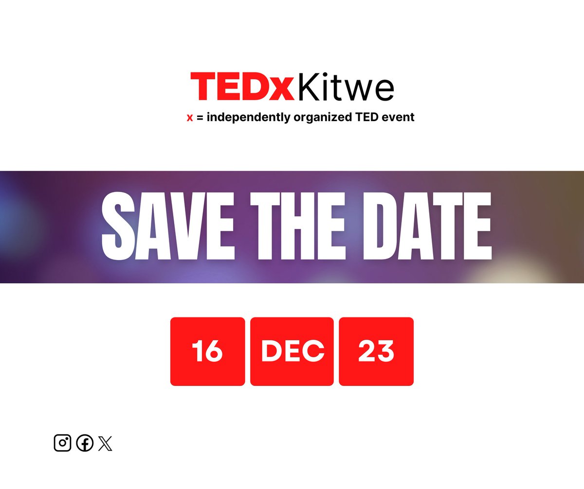 TEDxKitwe23's tweet photo. Mark your calendars! 🇿🇲

Exciting news - The TEDxKitwe event will be held on December 16, 2023! Save the date and get ready for a day of inspiring talks and thought-provoking ideas. 

Don't miss out! #TEDxKitwe2023 https://t.co/BqOVlyieOh
