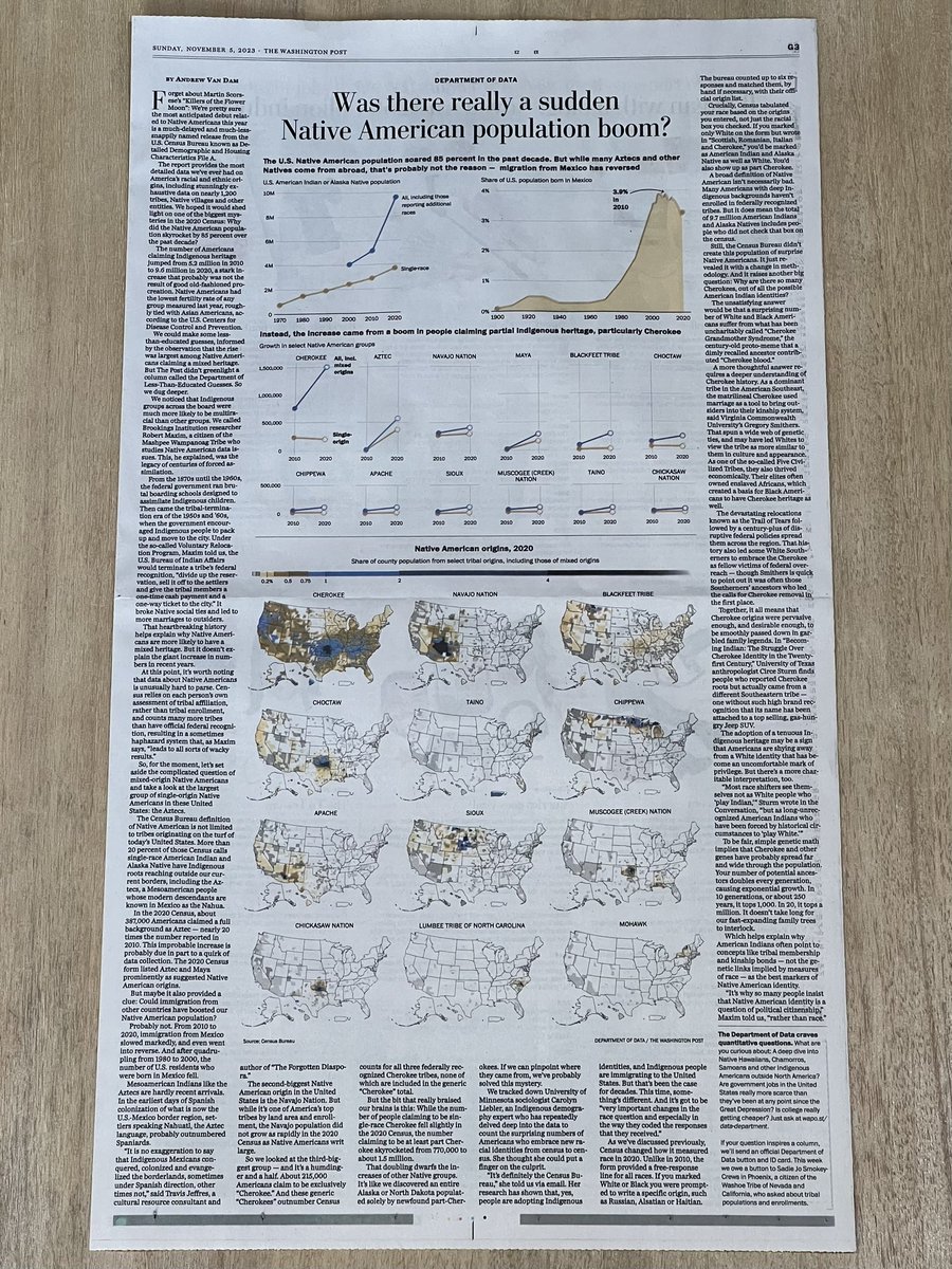 Awesome full-page print version of @andrewvandam’s recent Washington Post piece on how Census data misconstrues Native American identity. For the full piece, with comments from me and others, see here: washingtonpost.com/business/2023/…