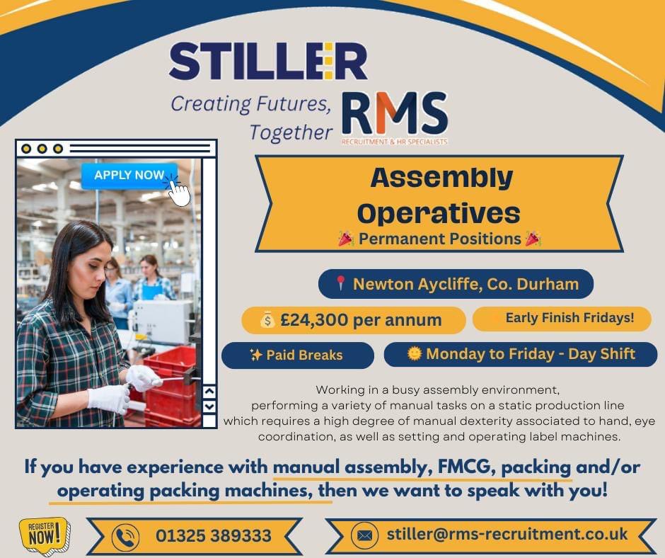 RMS_Recruit's tweet photo. 📢 Don’t miss out on this opportunity to be the heart of a fantastic, exciting new operation in Newton Aycliffe📢

Check out the full details and apply directly below today 👇
https://t.co/L0uAVs00li

Or email your CV to stiller@rms-recruitment.co.uk 

#Assembly #Manufacturing https://t.co/mIsCGKmVeO